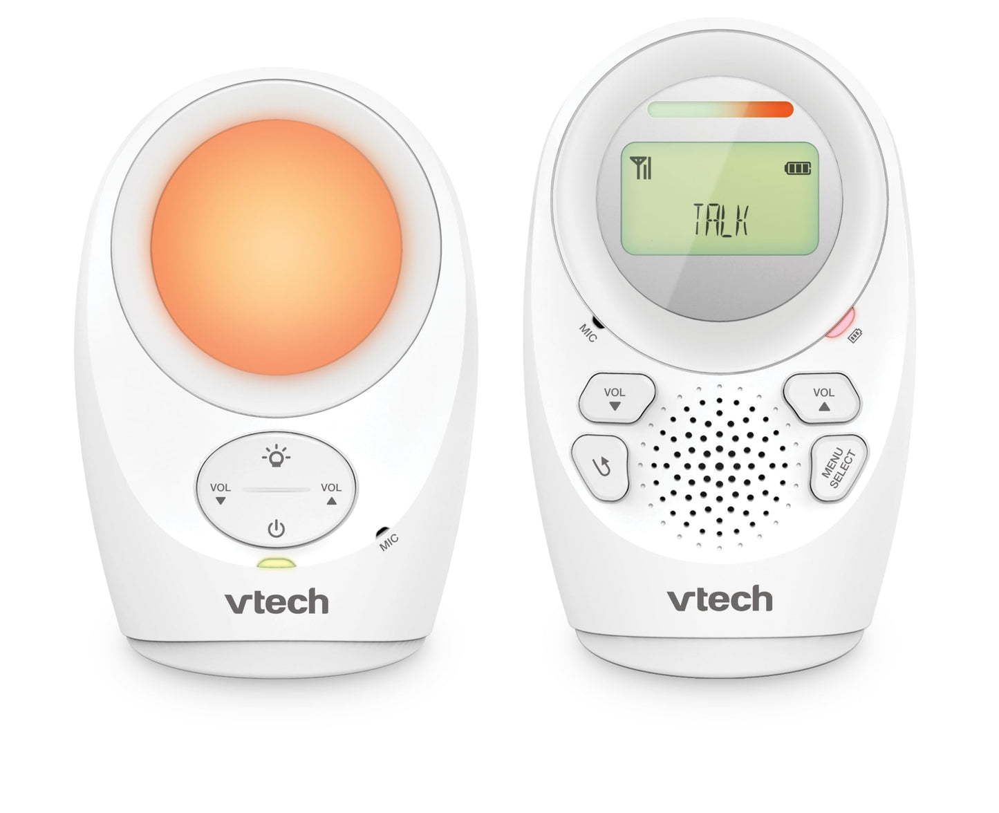 VTech DM1211 audio baby monitor with long range, 2-way talk, noise level display, temperature sensor, soothing sounds, parent belt clip