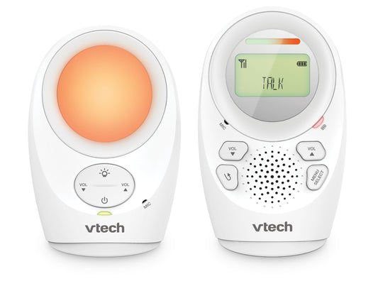 VTech DM1211 audio baby monitor with long range, 2-way talk, noise level display, temperature sensor, soothing sounds, parent belt clip