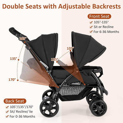 Foldable Twin Stroller, Double Baby Pushchair w/Multi-Level Backrest, Canopy, Handle & Footrest, Safety Belt & Brake System, Travel Tandem Seating Stroller w/Lockable Wheels (Black)