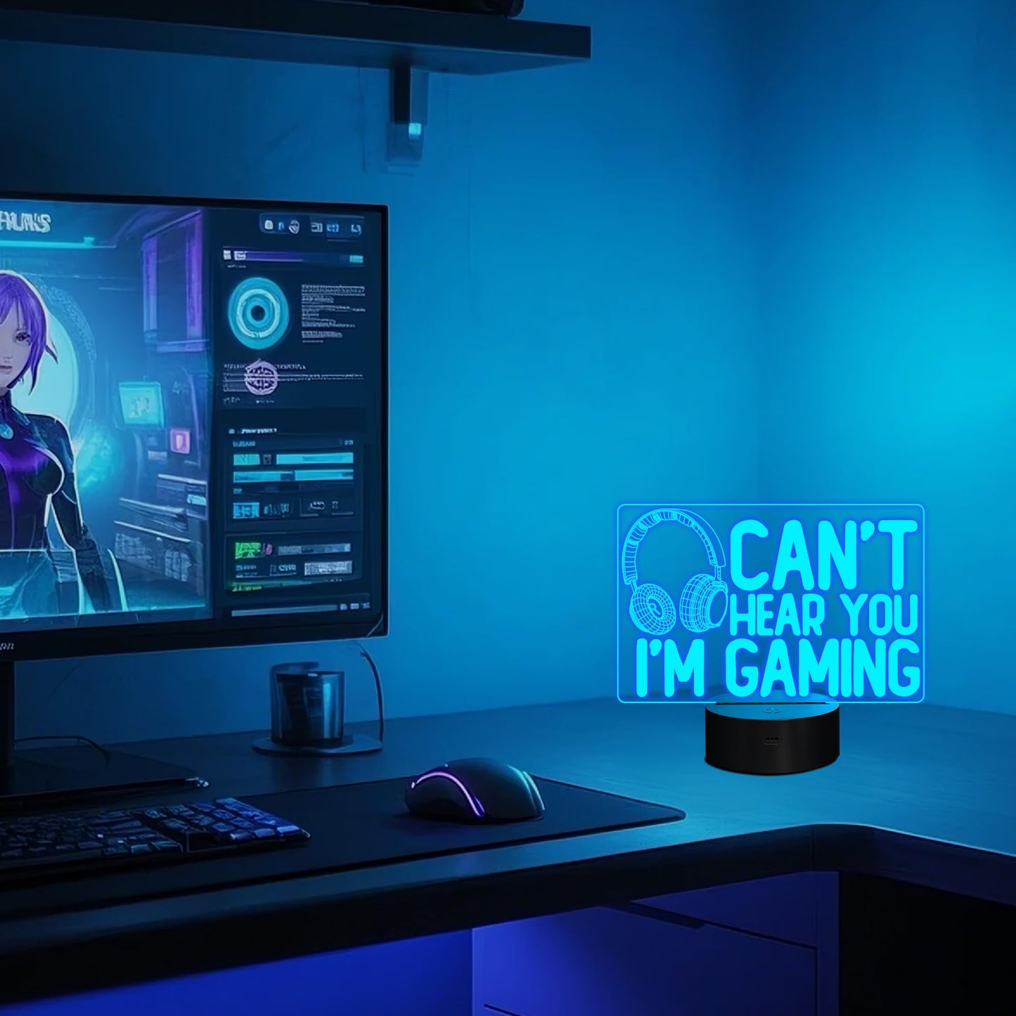 YuanDian 3D gaming night light with headset graphic, 16 color options, touch and remote control, perfect for gamers and teens.