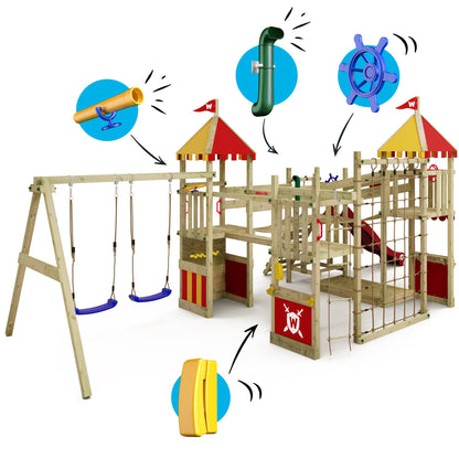 WICKEY Wooden climbing frame Smart Queen with swing set, red-yellow tarp & red slide, Outdoor kids playhouse with sandpit, climbing ladder & play-accessories for the garden