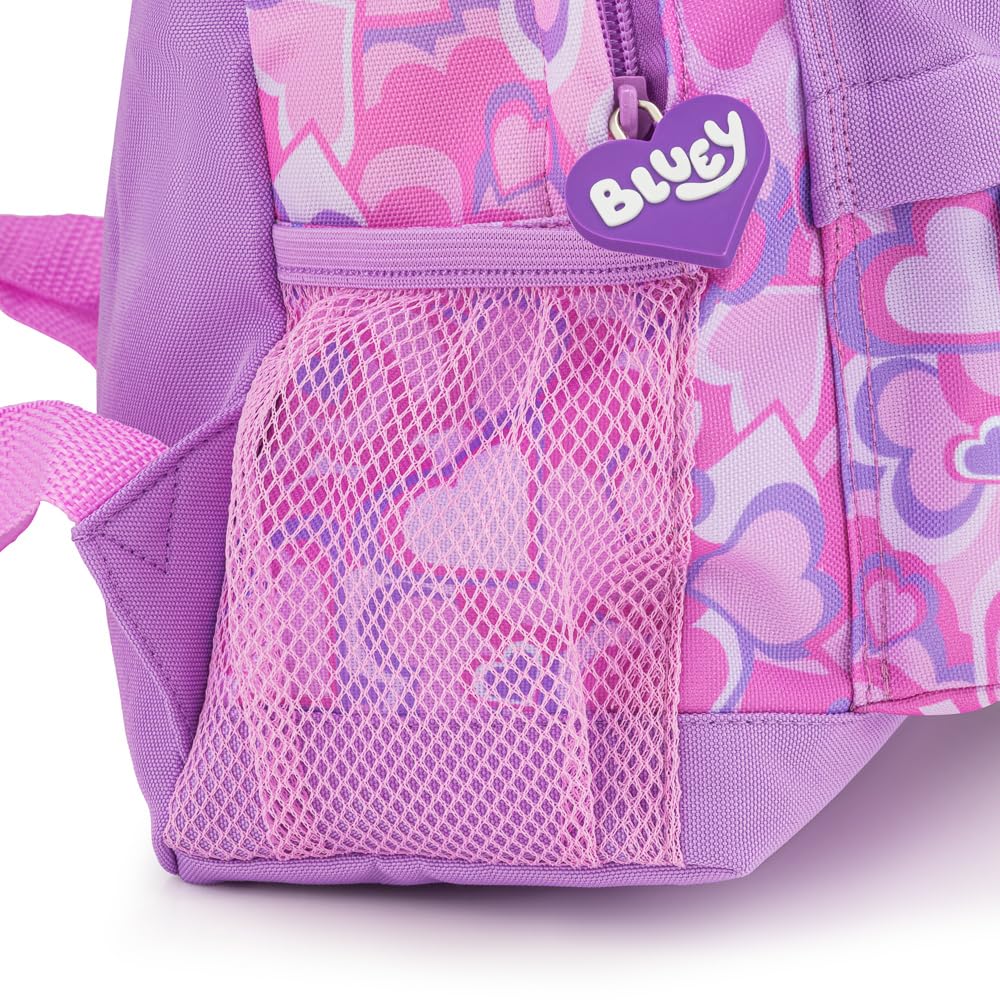 Bluey girls toddler backpack in lilac with heart print, featuring a kangaroo pocket and padded straps for kids aged 2-7.