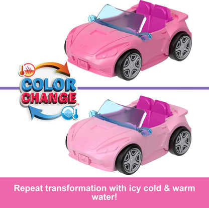 Mini BarbieLand doll and convertible toy vehicle set with color-change feature, street sign accessory, by Barbie.