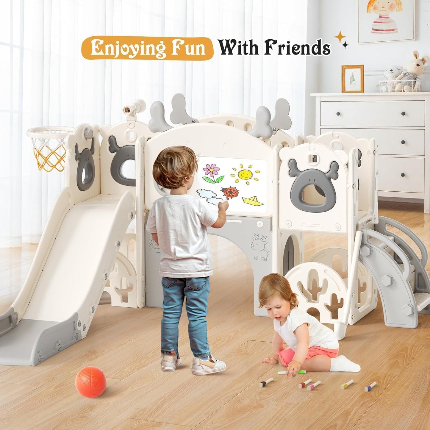 Kids Slide,Indoor Thickened Widened toddler slide with basketball hoop, climbing frame for the garden,storage space slide ((7-in-1 Elk Slide-Beige Gray))
