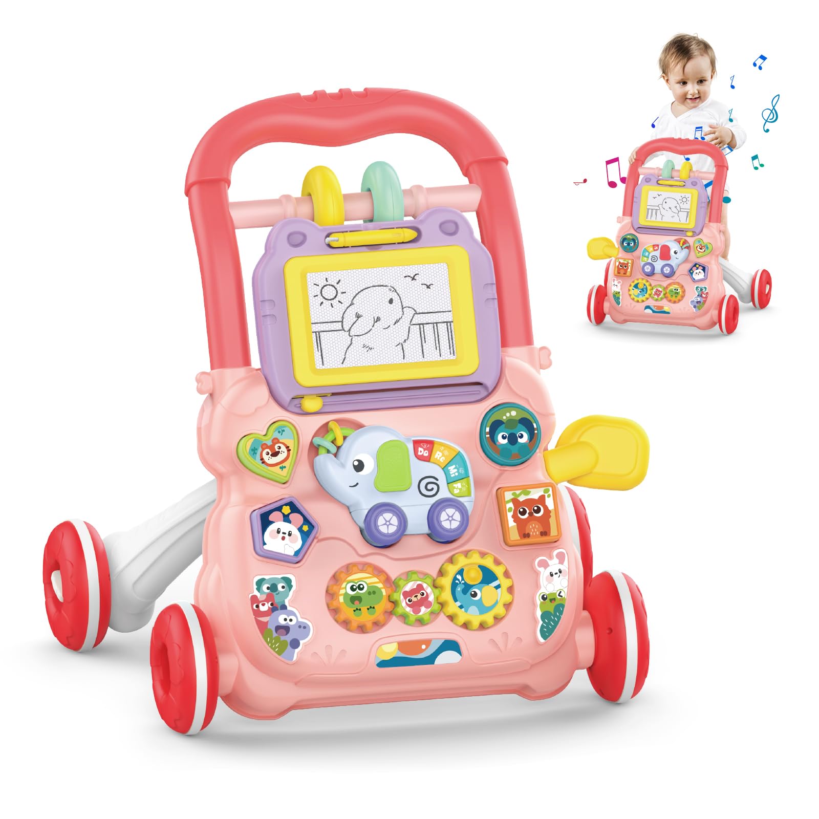 Pink KalaDuck baby walker with sit-to-stand design, featuring a music and drawing board, ideal for babies 6 months and up.
