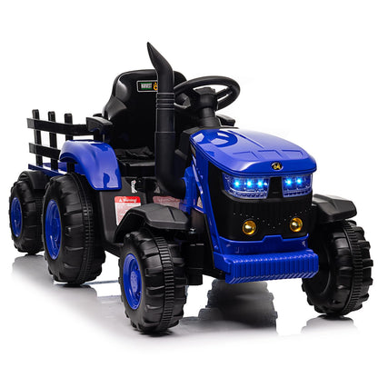 Kids Ride on Tractor with Detachable Trailer, 12V Battery Powered Electric Tractor with Remote Control, Dual Motors, Horn, Music/USB, 7 LED Lights, Ride on Toy Car for Ages 3+ (Blue)