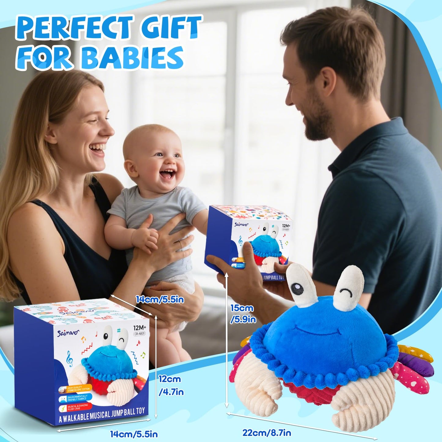 SAIMAND Dancing Crab Baby Toys 6-12 Months, Musical Crawling Crab with Music, Record & Replay, Montessori Sensory Plush Tummy Time Toys for 1 2 3 Year Old Boys and Girls Gifts (Blue)