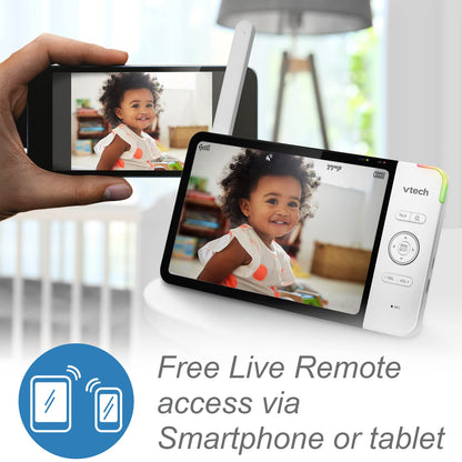 VTech RM7764-2HD baby monitor with two cameras, 7-inch HD display, night vision, pan & tilt, zoom, and two-way audio.