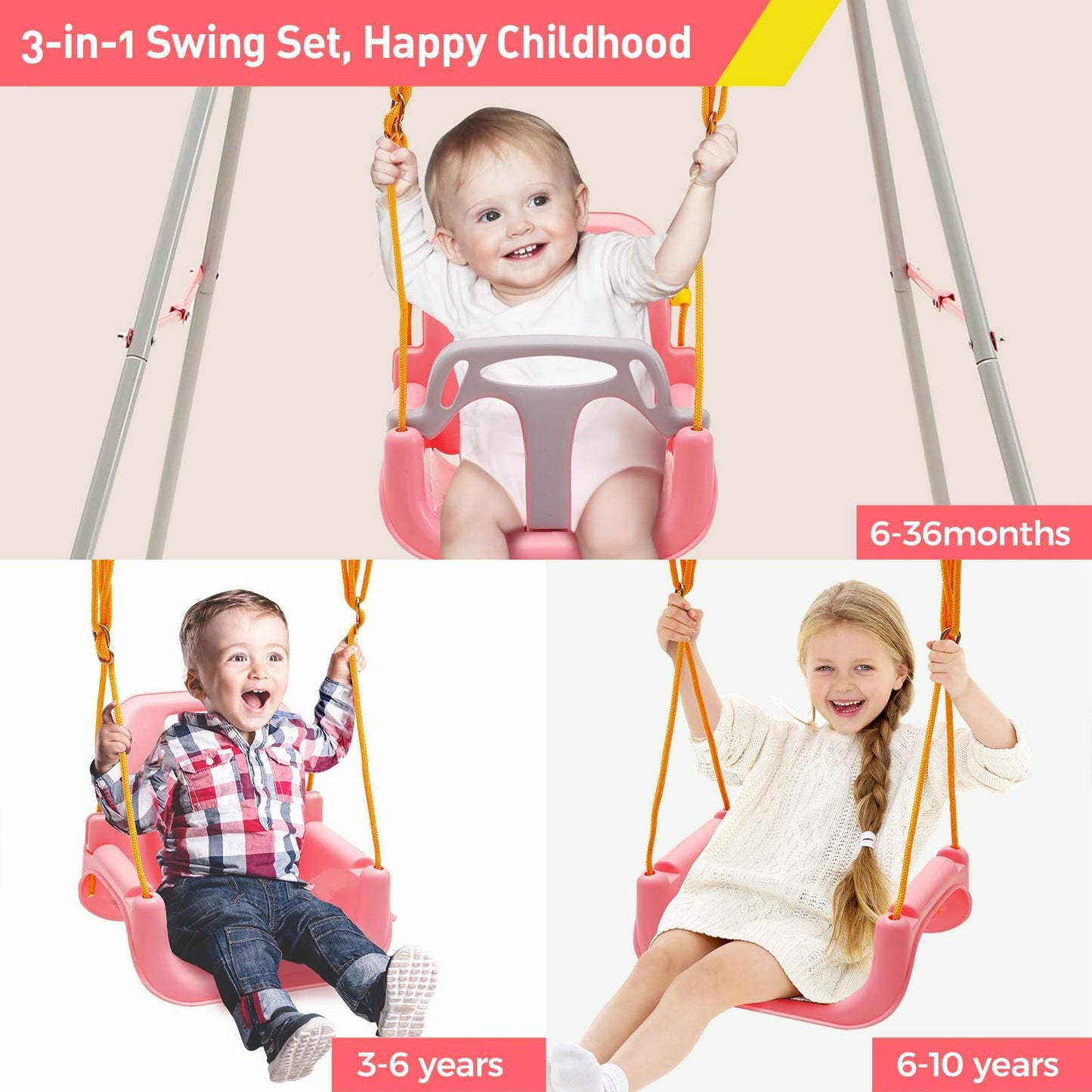FUNLIO Children's Swing with Folding Metal Stand for Indoor and Outdoor Use, Baby Swing with 4 Sandbags, Easy to Assemble, Pink