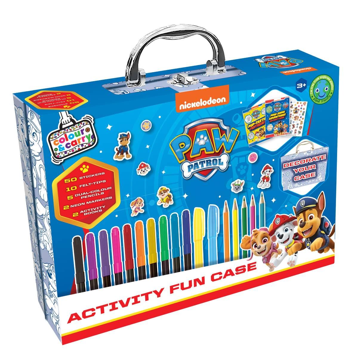 Bookoli - PAW Patrol Activity Fun Case - Colour & Carry Kit - 2 Activity Books - 10 Felt-Tip Pens - 50 Stickers - 2 Neon Markers - Customisable Case - Gifts for Boys and Girls Ages 3 to 5 Years
