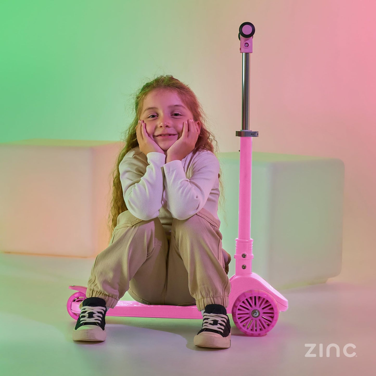 Zinc 3 Wheel Folding Led Shine Scooter for Kids, Light Up Stem with 20 Light Functions, Folding, Non-Slip Grips, Adjustable Handlebar, Pink