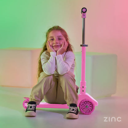 Zinc 3 Wheel Folding Led Shine Scooter for Kids, Light Up Stem with 20 Light Functions, Folding, Non-Slip Grips, Adjustable Handlebar, Pink