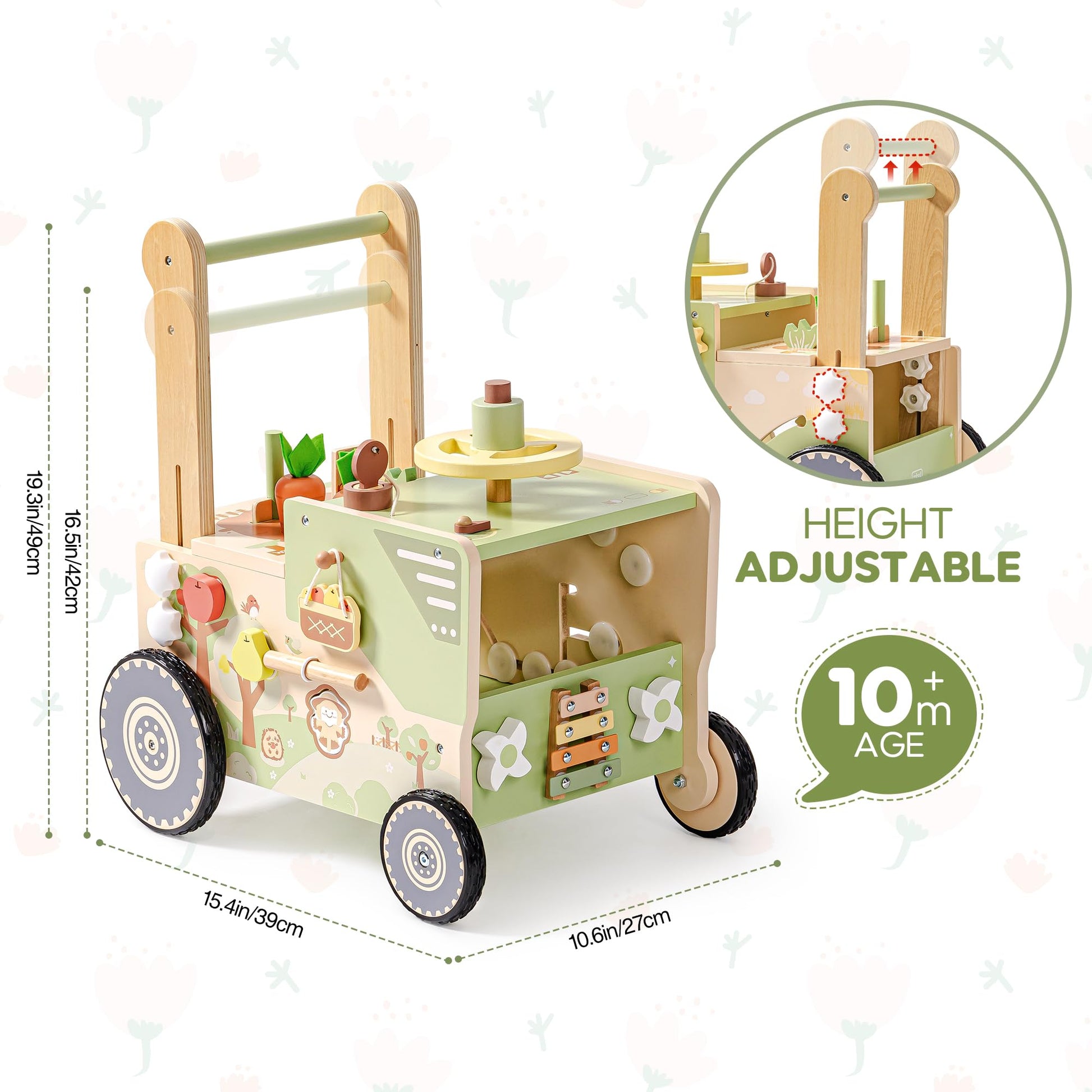 Robud farm-themed wooden baby walker with wheels, adjustable height, suitable for 1-2 year olds, Montessori learning activity center.