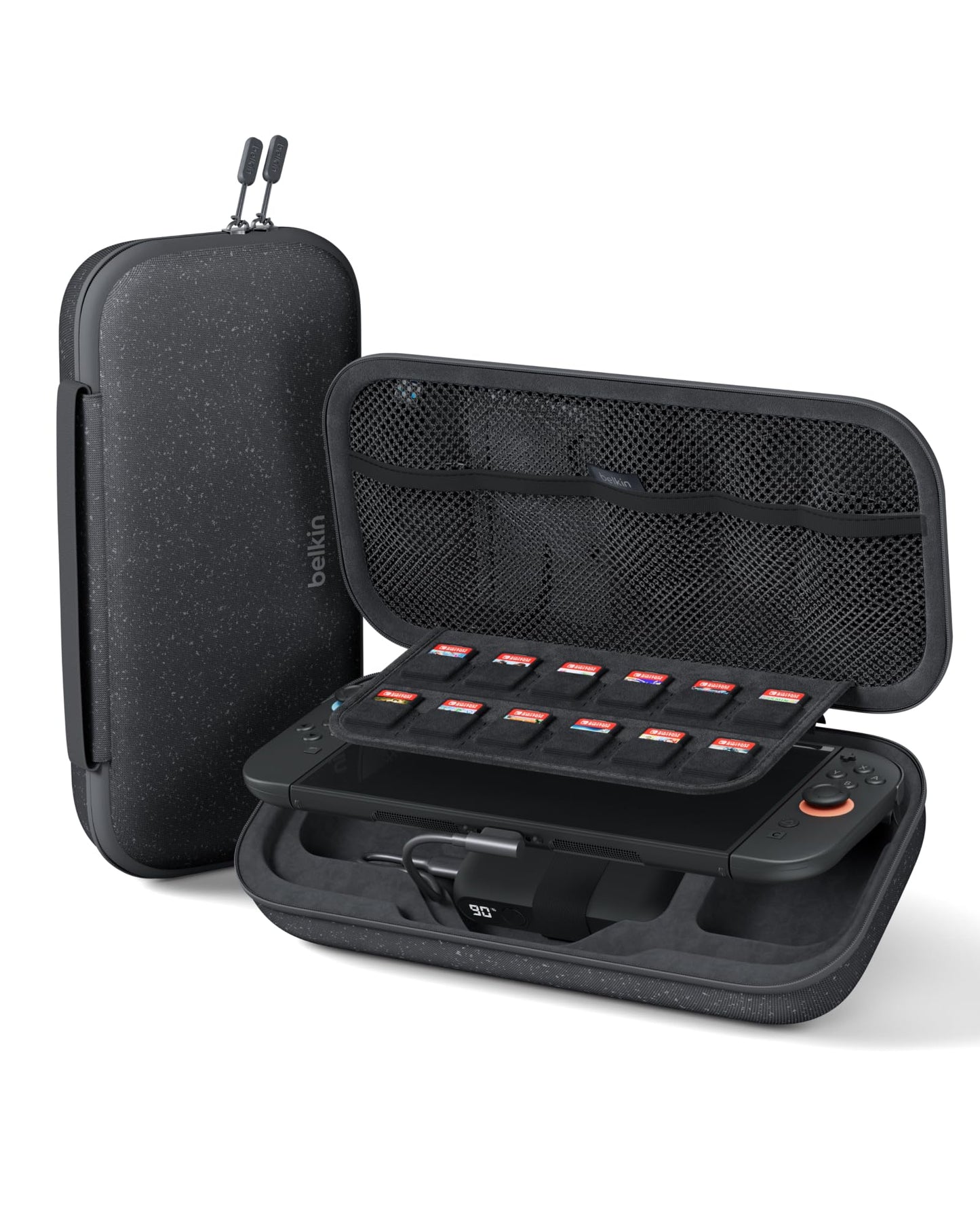 Belkin Gaming Nintendo Switch 2 charger case with 10,000mAh power bank, LCD display, 20W fast charging, charcoal color, holder for AirTag and games