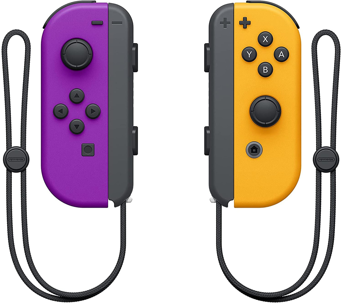 Nintendo Joy-Con pair in purple and orange for Nintendo Switch, showing the left and right wireless controllers with colorful buttons.