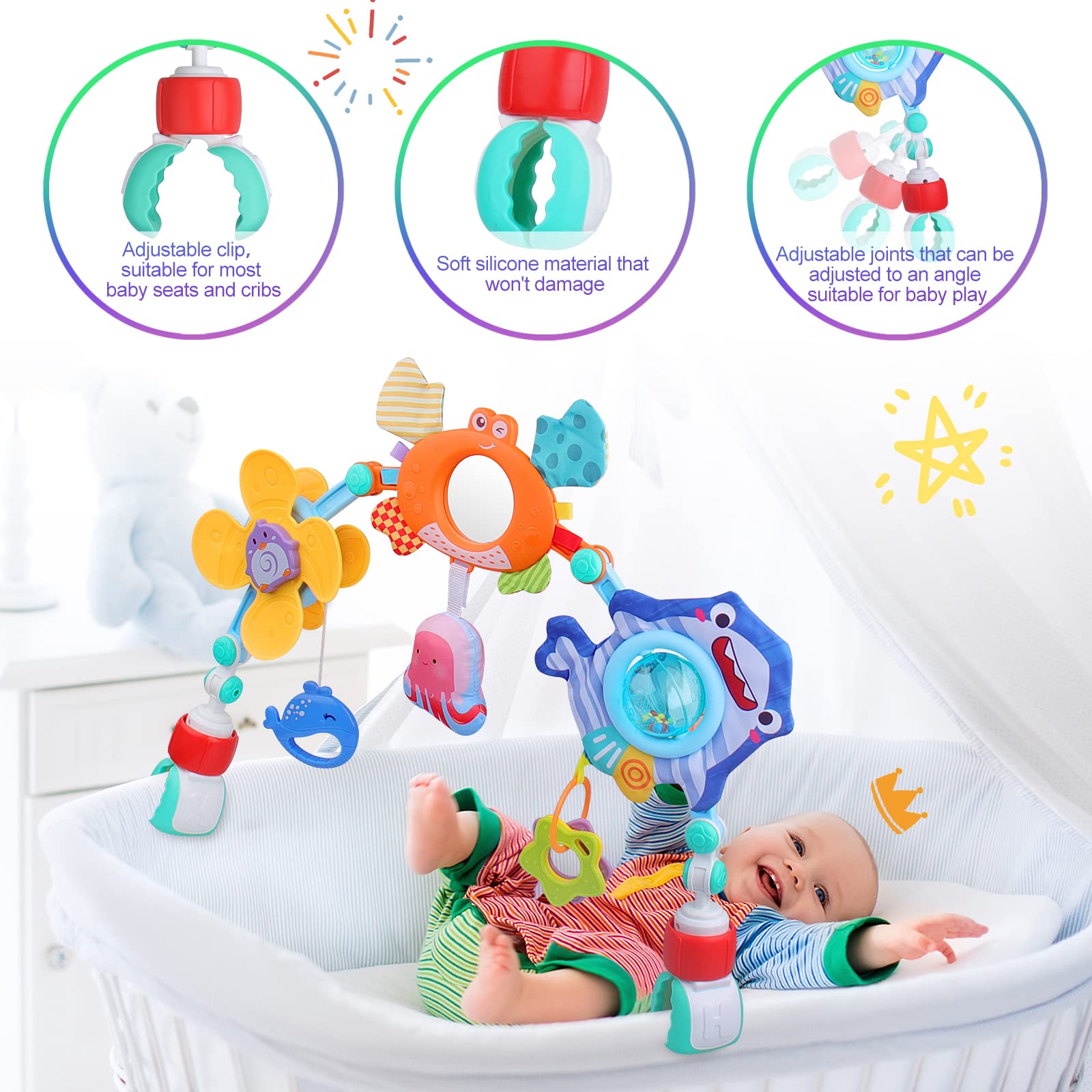 Yusvwkj ocean-themed baby mobile with colorful plush toys hanging from a crib arch for newborn sensory stimulation.