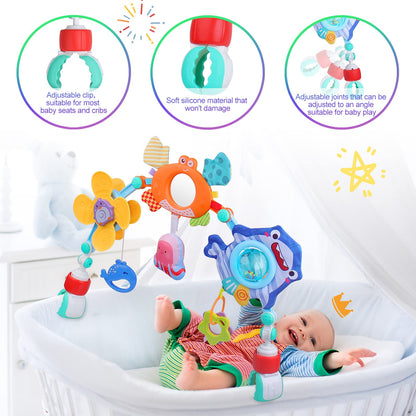 Yusvwkj ocean-themed baby mobile with colorful plush toys hanging from a crib arch for newborn sensory stimulation.