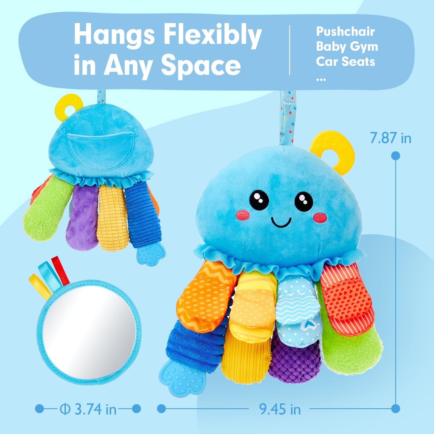 hahaland 8-in-1 Tummy Time Sensory Toy - 3+ Months Baby Rattle, Mirror & Teether Plush Toy - 0-12M Newborn Gift for Boys & Girls, Washable Soft Fabric, Octopus Montessori Toy