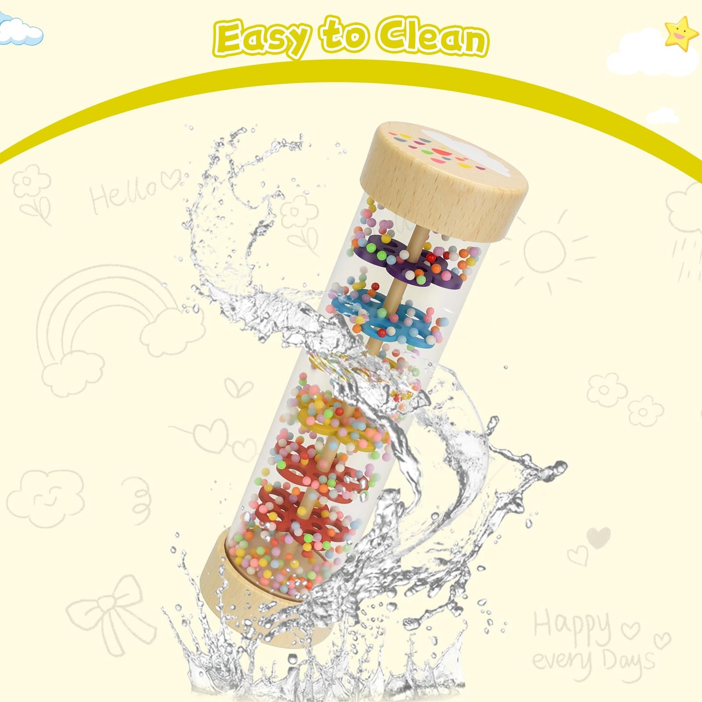 Wooden baby rattle toy from Zendstanding, featuring a rain stick design for sensory grip and musical play for infants.