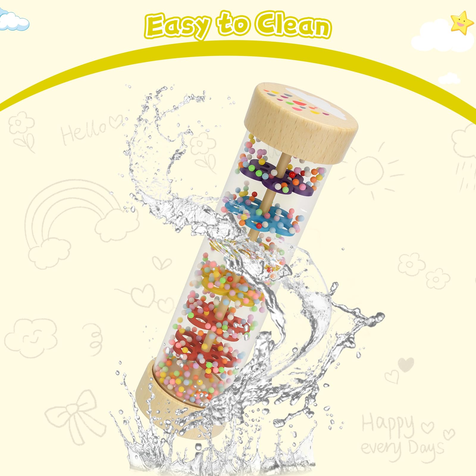Wooden baby rattle toy from Zendstanding, featuring a rain stick design for sensory grip and musical play for infants.