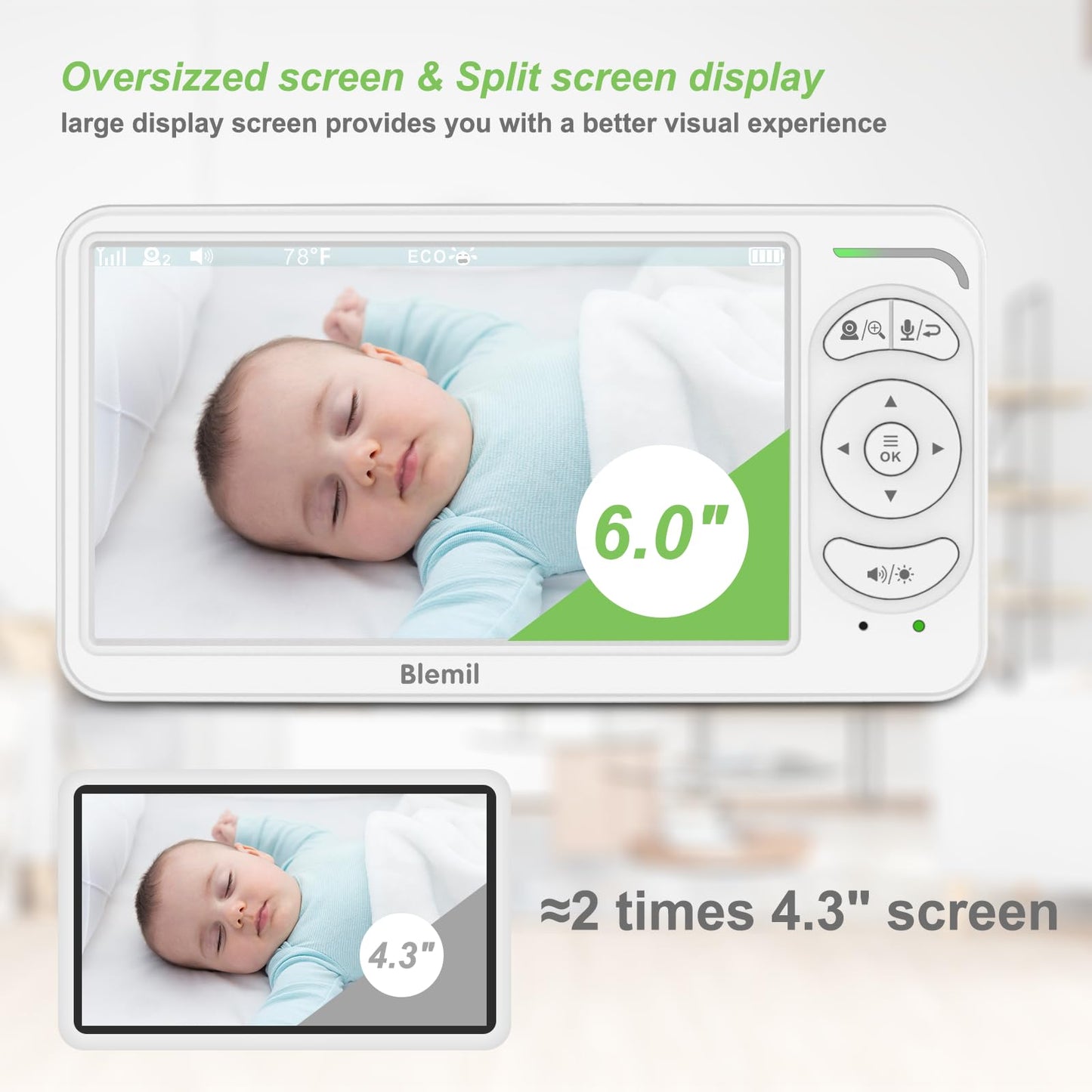Blemil BabyMonitor with 6-inch IPS screen, baby camera with night vision, two-way audio, portable design, no WiFi, 30-hour battery