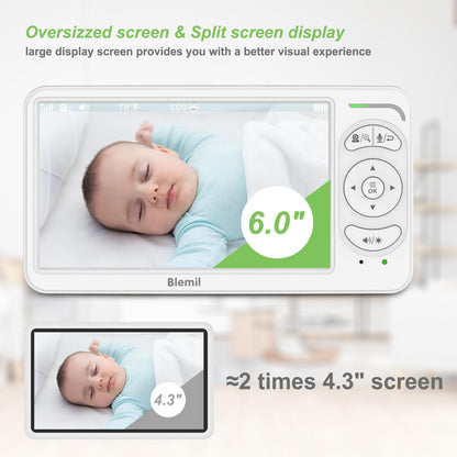 Blemil video baby monitor with dual cameras on large split screen, night vision, remote pan/tilt/zoom, showing baby’s crib.