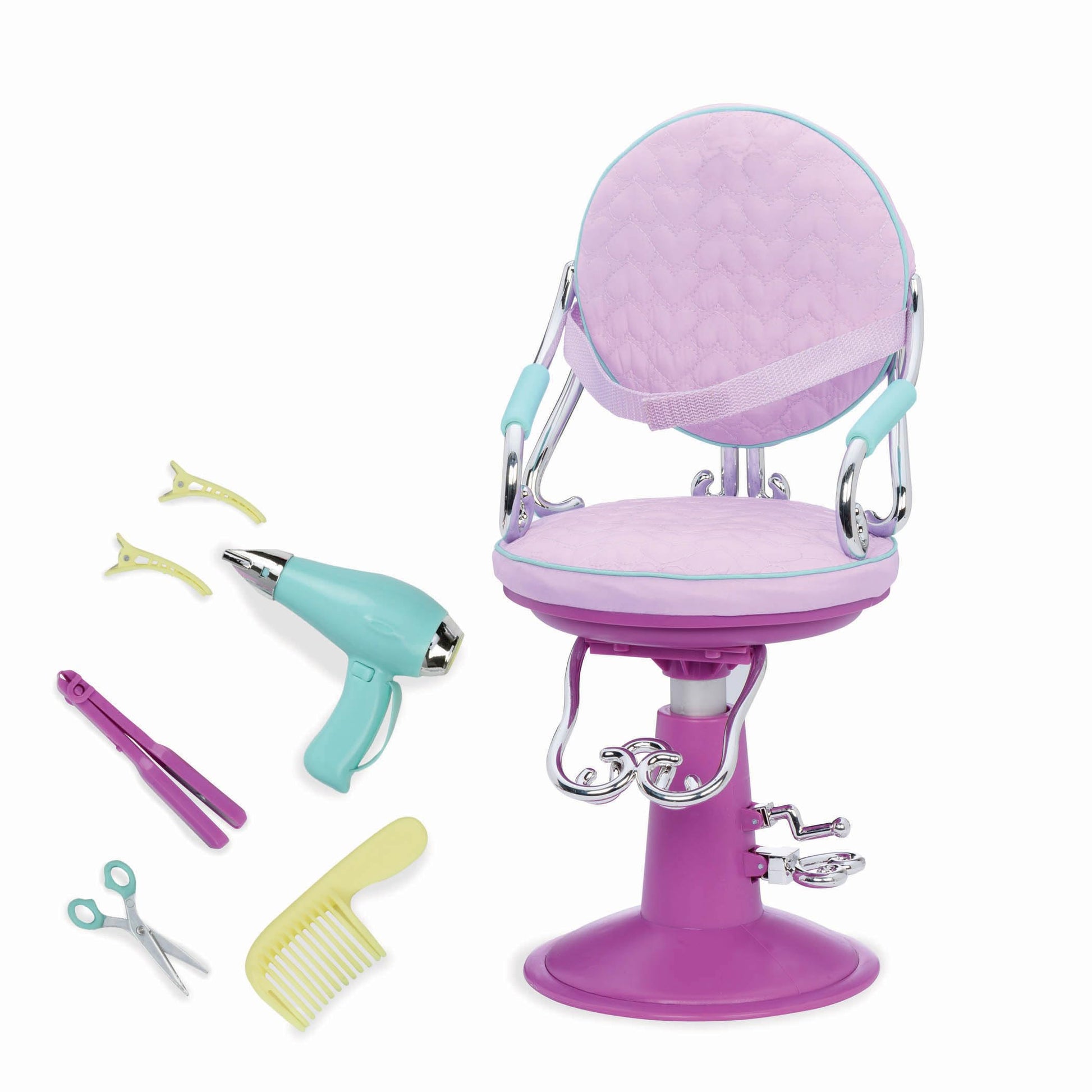 Lilac Our Generation salon chair for 18-inch dolls, designed for hair styling and play, featuring a comfortable seat.