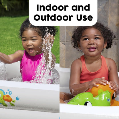Bestway inflatable baby bath tub in white, featuring a soft floor, suitable for home and travel use.