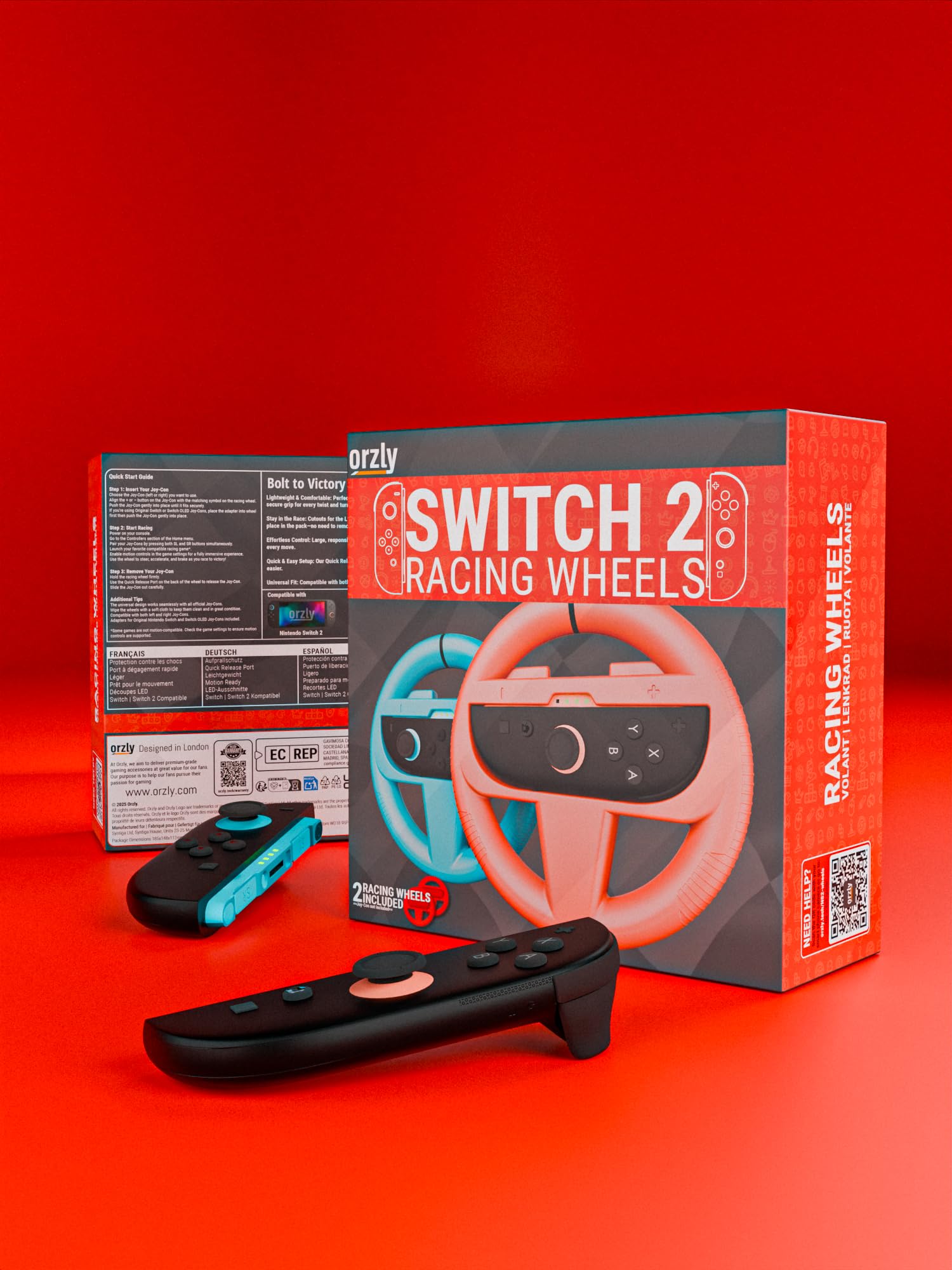 Orzly twin pack racing steering wheels for Nintendo Switch Joy Con controllers, red and blue, compatible with Switch 2 racing games.
