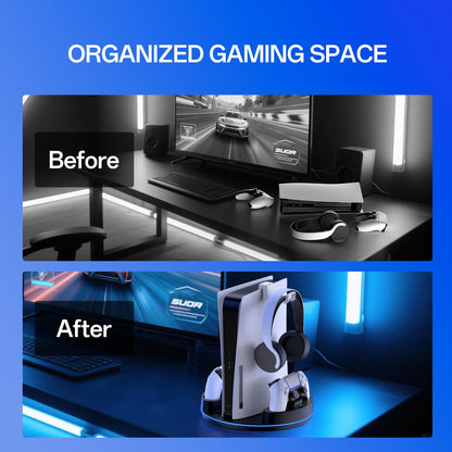 NEWDERY PS5 stand and dual controller charger station with RGB lighting, compatible with PlayStation 5 Digital and Disc consoles in black.