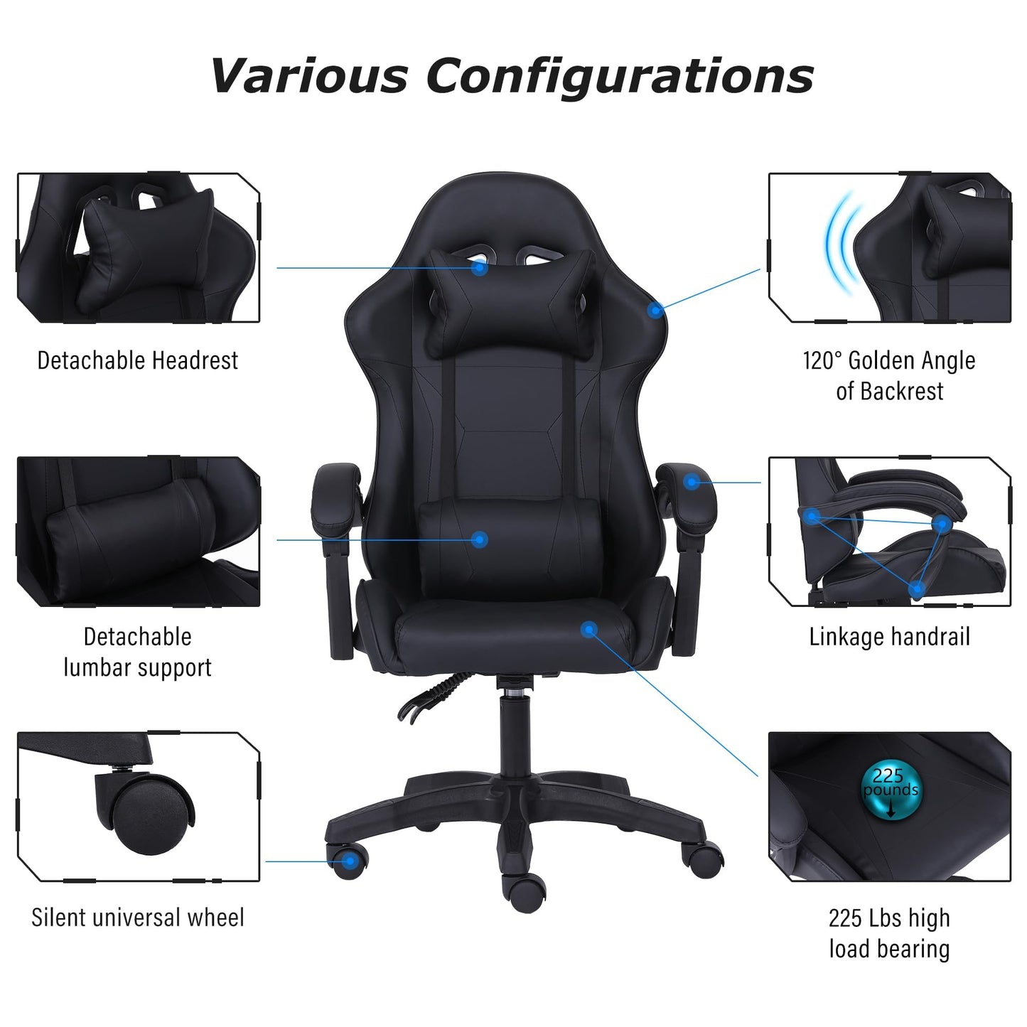 Millhouse Sport Desk Chair in black with adjustable lumbar and head pillows, designed for office and gaming comfort.