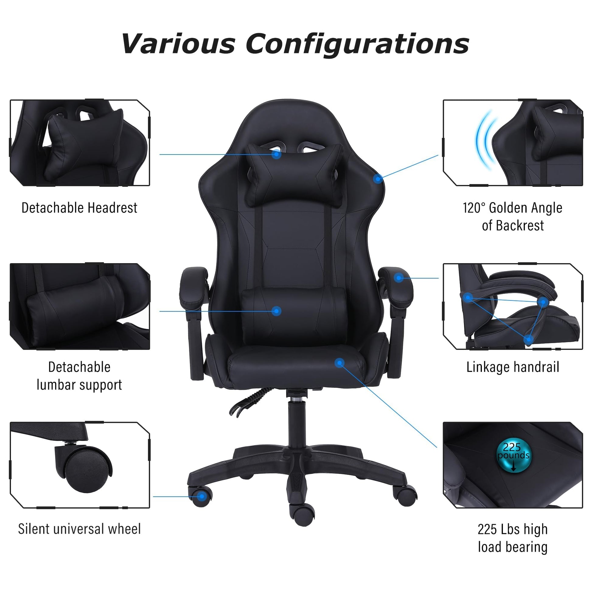 Millhouse Sport Desk Chair in black with adjustable lumbar and head pillows, designed for office and gaming comfort.