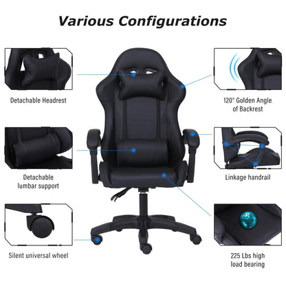 Millhouse Sport Desk Chair in black with adjustable lumbar and head pillows, designed for office and gaming comfort.