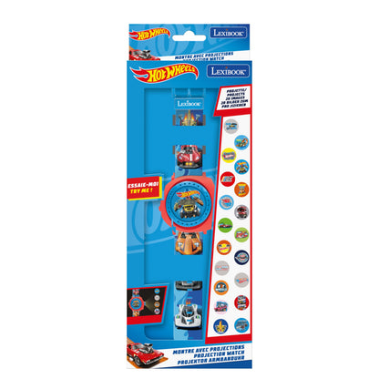 LEXIBOOK Hot Wheels adjustable projection watch in blue showing digital screen and 20 Hot Wheels images for children.