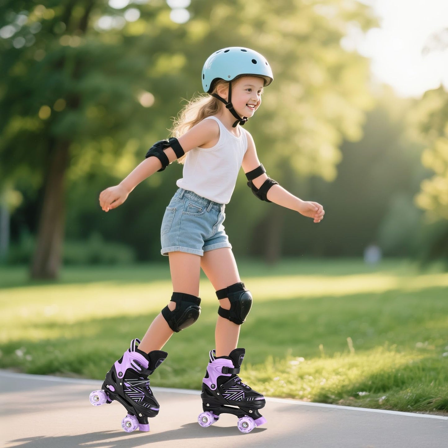 Kids Jestme adjustable roller skates for girls and boys with light-up wheels, suitable for indoor and outdoor use, size medium.