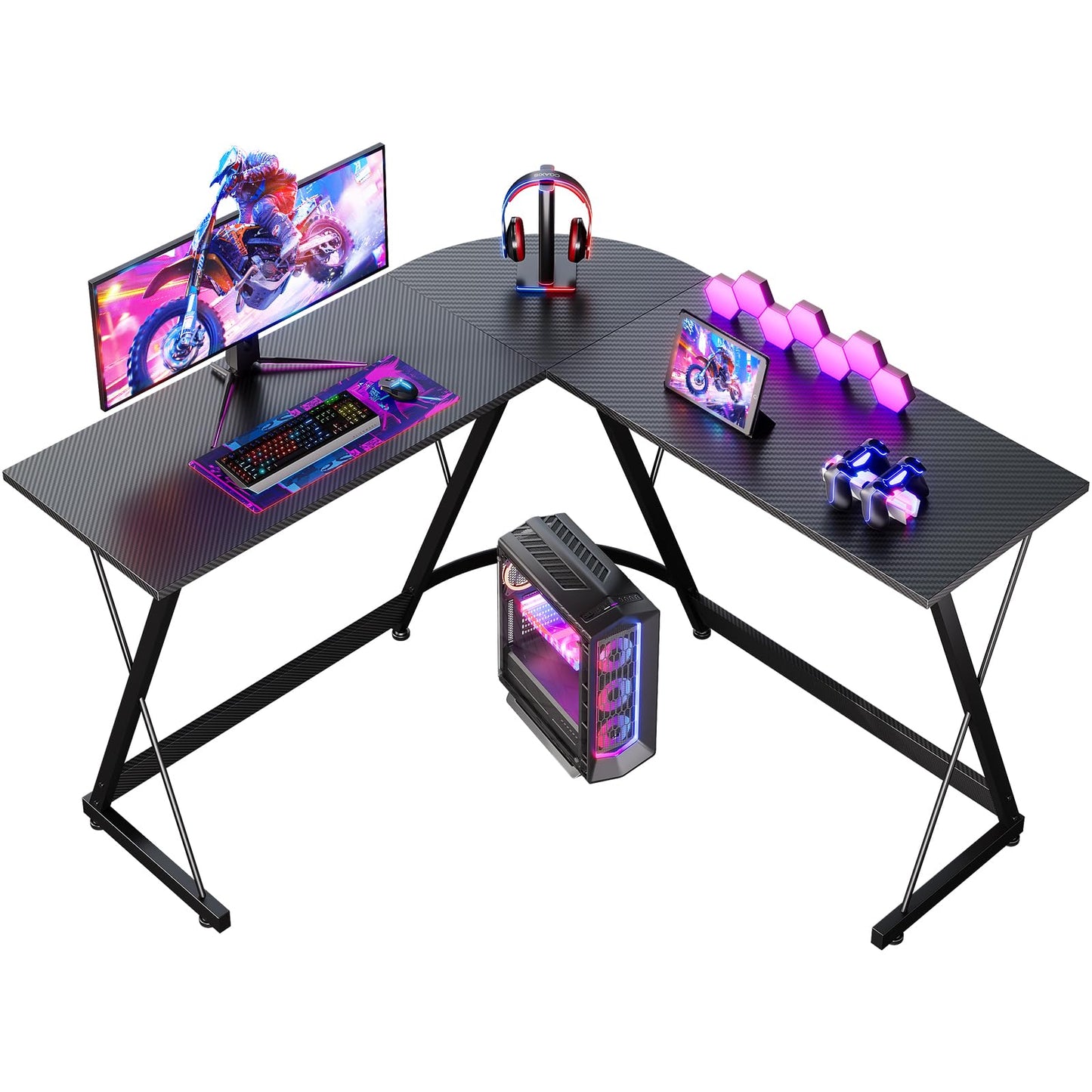 ODK L Shaped Gaming Desk, 120×120 cm Corner Computer Desk for Gaming, Home, Office, Carbon Fibre Black