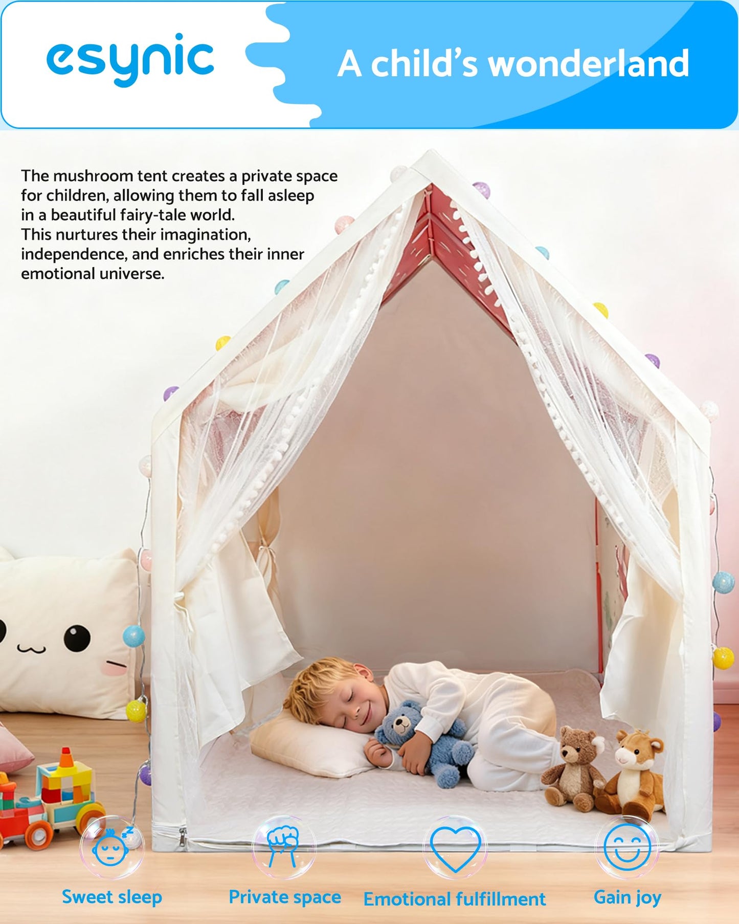 eSynic large kids indoor playhouse tent with lights, windows, non-slip mat, suitable for boys and girls aged 3-12, portable den house