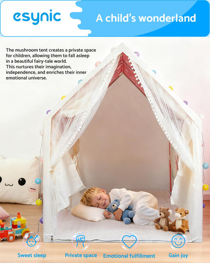 eSynic large kids indoor playhouse tent with lights, windows, non-slip mat, suitable for boys and girls aged 3-12, portable den house