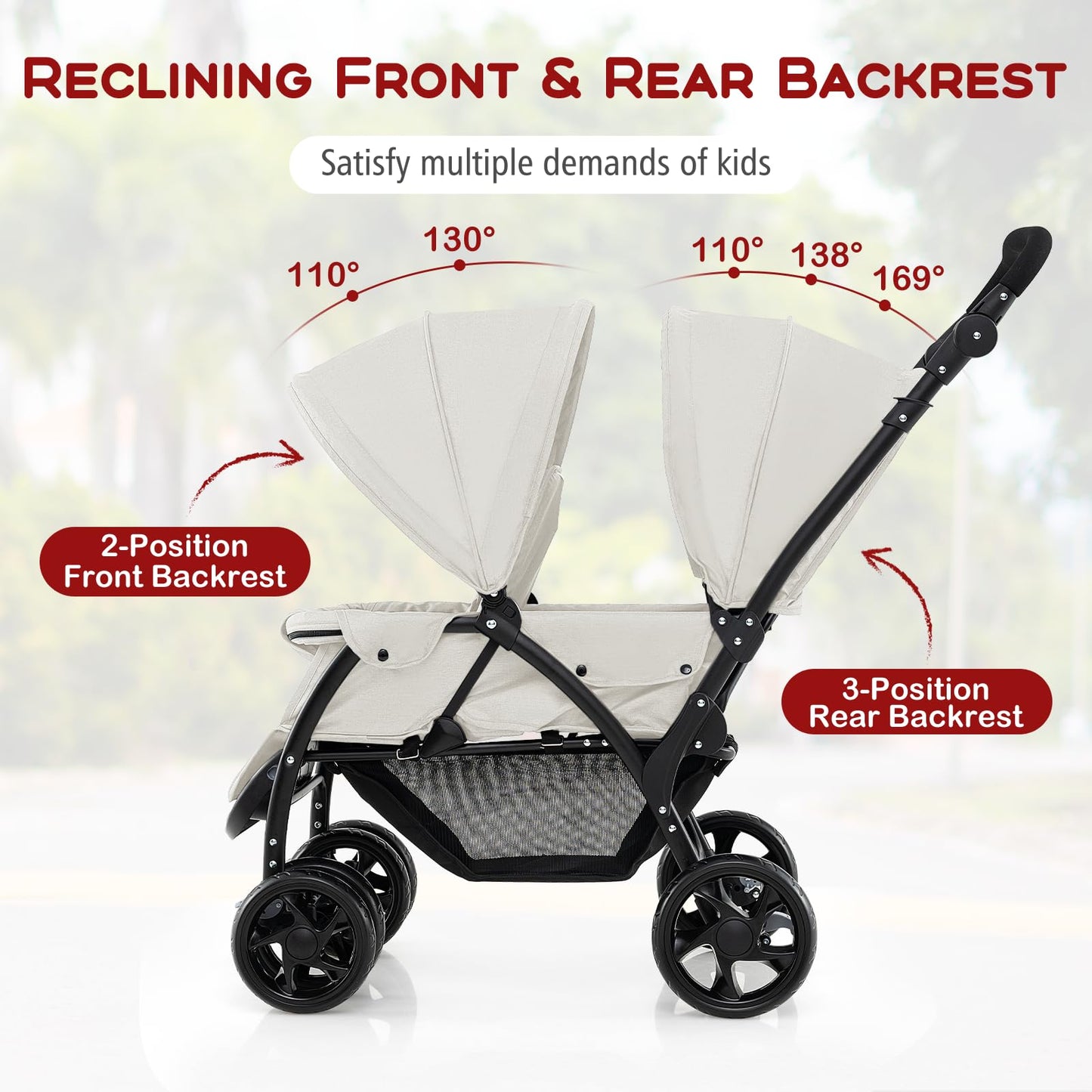 GYMAX Double Seat Stroller with Adjustable Push Handle, Detachable Canopy and Foot Rest, Foldable Baby Pushchair Buggy for Traveling, Going Shopping & Hanging Out (Beige)