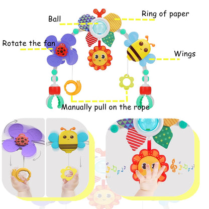 DQTYE baby stroll activity pram with foldable play arch and rattle toy, suitable for 6-12 months, ideal for travel.