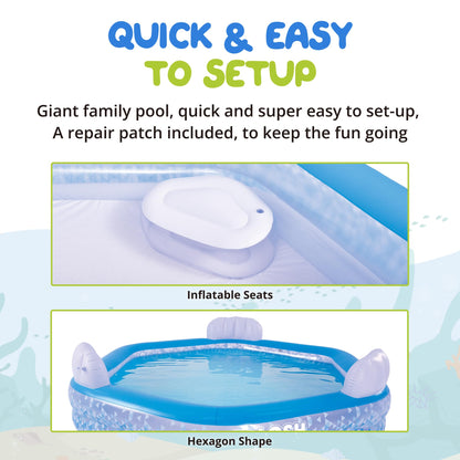 Splosh Inflatable Family Swimming Pool With Seats - For Kids & Adults - Large Hexagonal Paddling Pool 2.23m x 2.11m - Easy To Inflate - Kids Paddling Pools For Garden