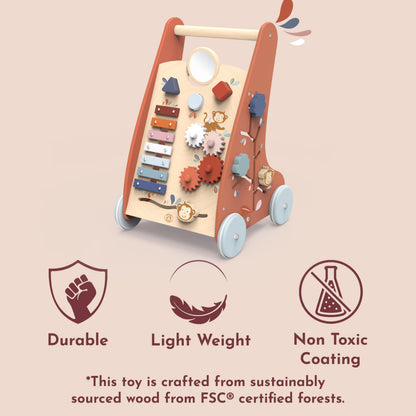 Speedy Monkey wooden baby walker with 9 activity toys, non-slip rubber wheels, FSC Certified wood for boys and girls around 6-12 months.