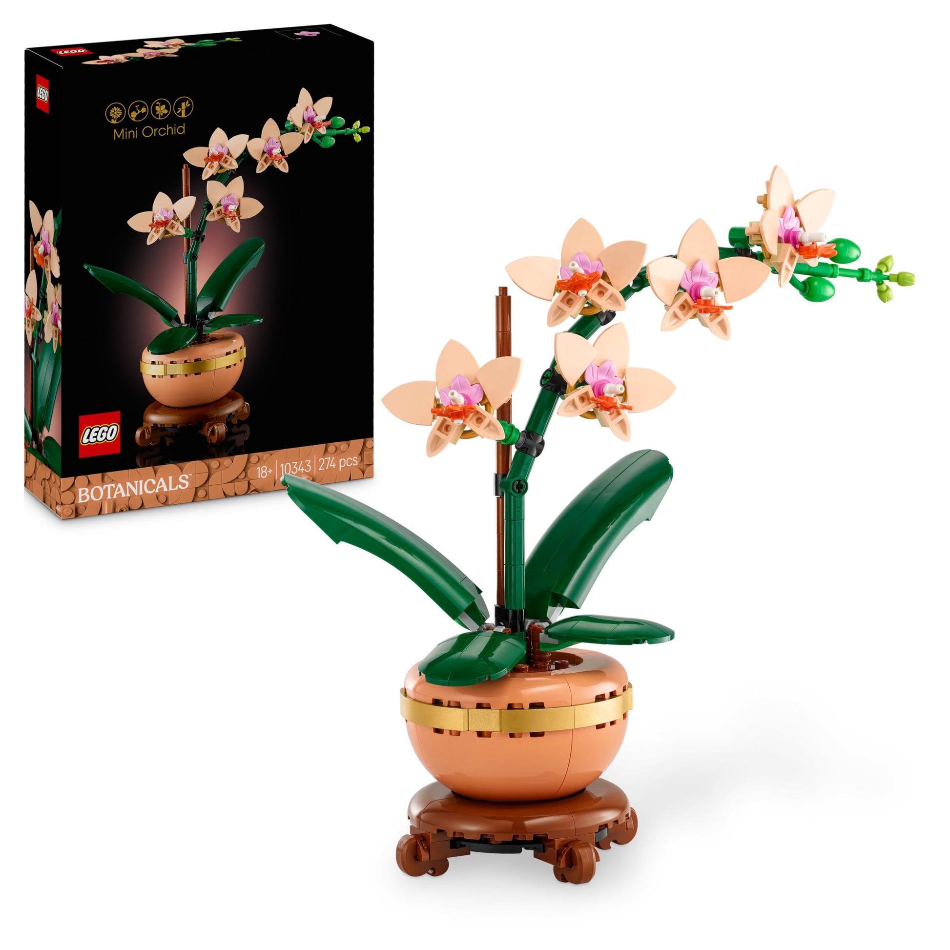 LEGO Botanicals Mini Orchid set with pink flowers in a terracotta-style pot, perfect for indoor decor and gifts.
