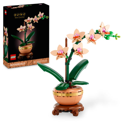 LEGO Botanicals Mini Orchid set with pink flowers in a terracotta-style pot, perfect for indoor decor and gifts.
