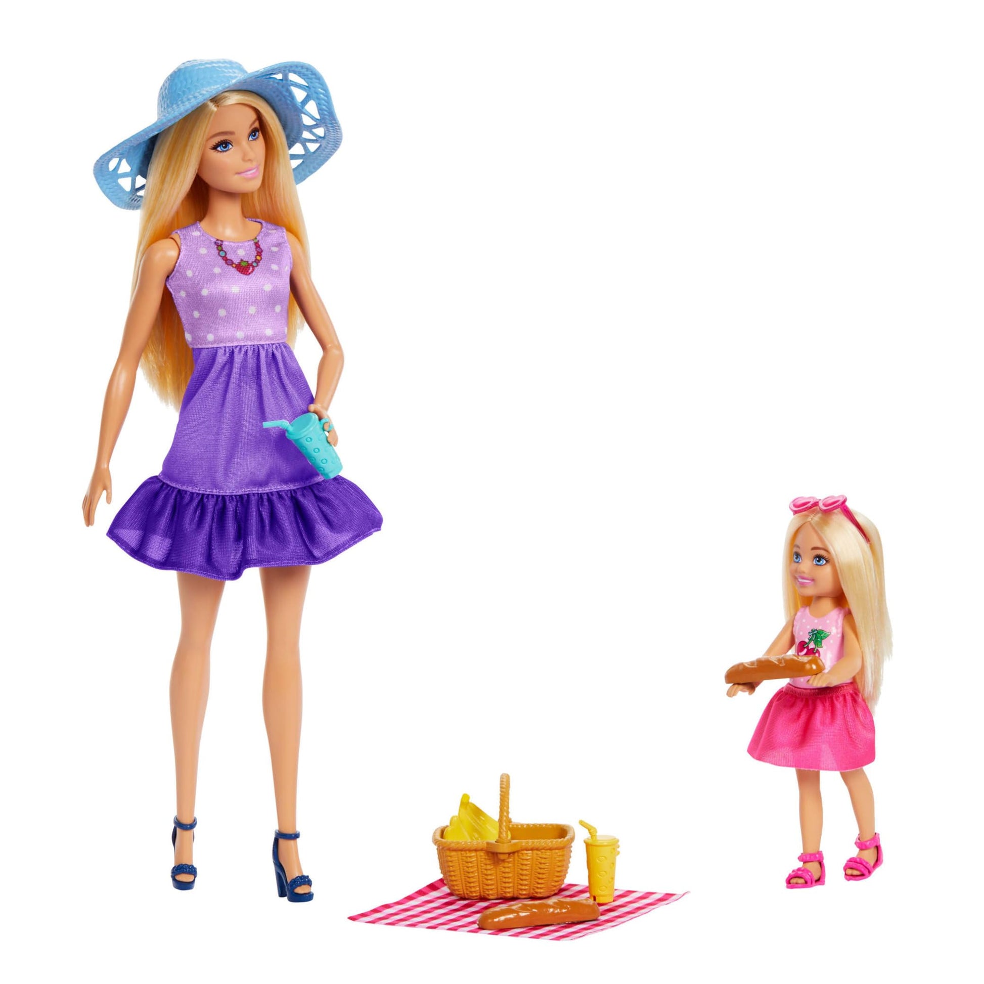Barbie Family & Friends picnic-themed playset with fashion dolls, small dolls, and 9 food accessories for imaginative play.