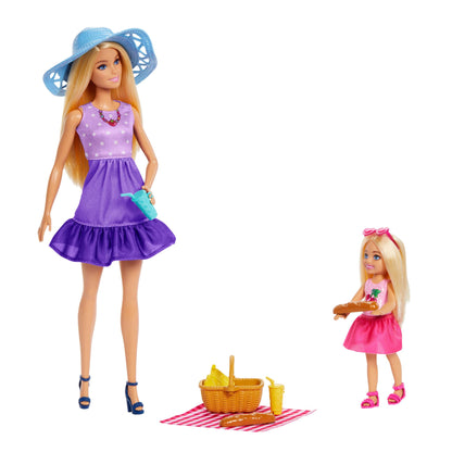 Barbie Family & Friends picnic-themed playset with fashion dolls, small dolls, and 9 food accessories for imaginative play.