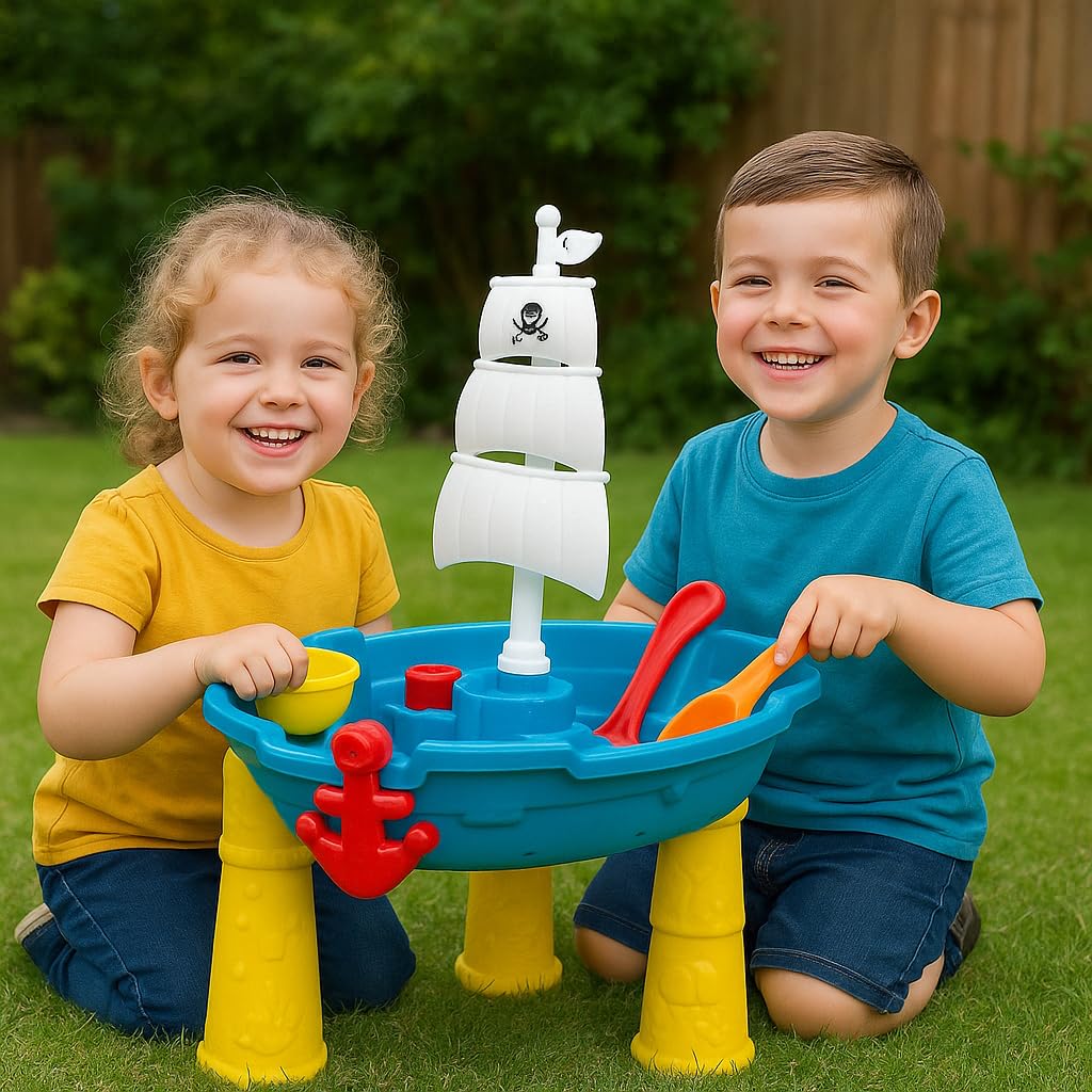 Inside Out Toys Sand and Water Play Table, Pirate Ship with Water Slide and Water Spin Wheel, Plenty of Accessories to enjoy Sand or Water Play