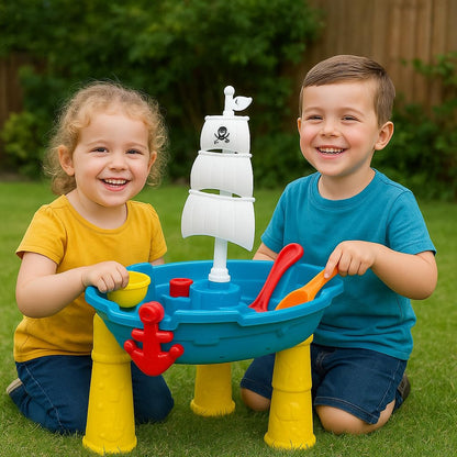 Inside Out Toys Sand and Water Play Table, Pirate Ship with Water Slide and Water Spin Wheel, Plenty of Accessories to enjoy Sand or Water Play