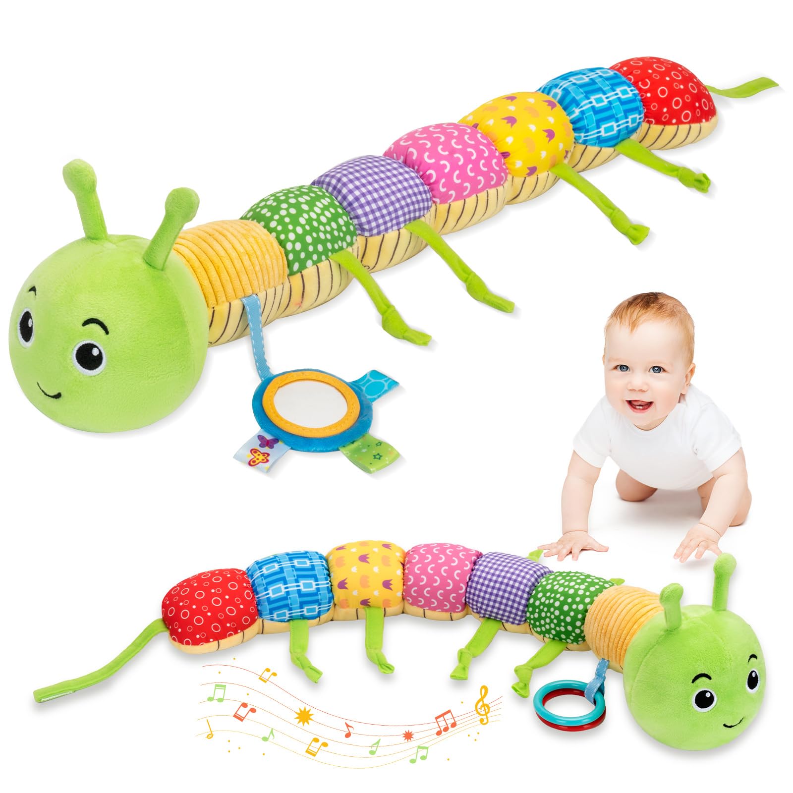 Accevo baby sensory toys including plush musical animals, crinkle caterpillar, baby mirror for newborns and infants, Easter gift idea
