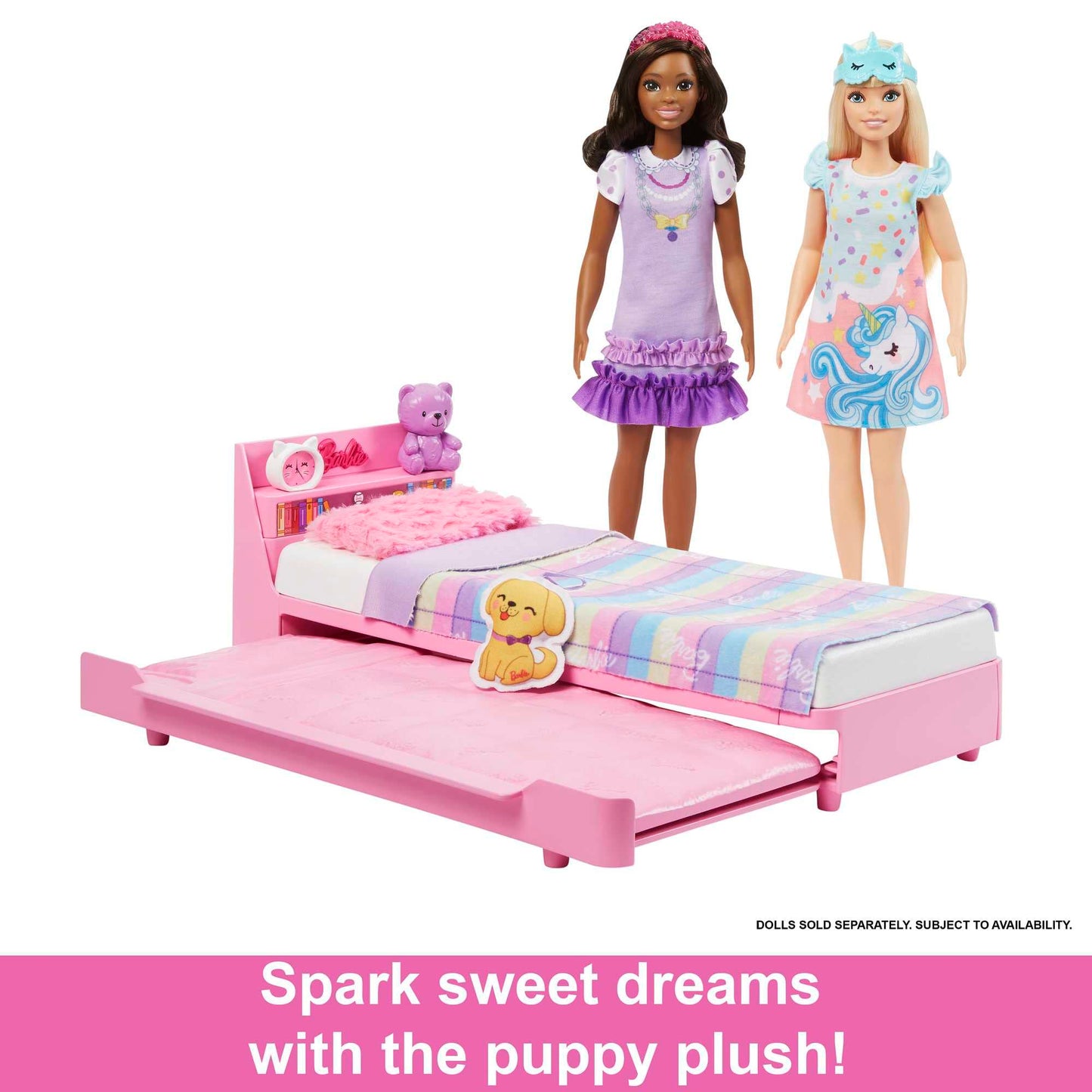 Barbie Bedtime Playset with trundle bed, plush puppy, and accessories for preschoolers aged 3 and up.